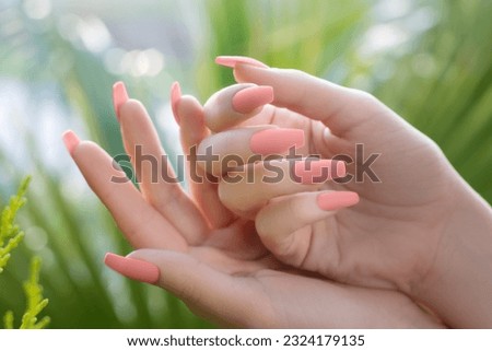 Female hands with pink nail design. Mate pink nail polish manicure. Hands with pink manicure on tropic background