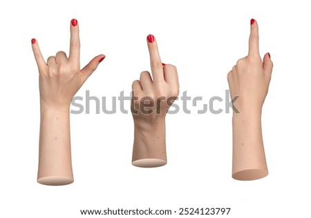 female hands with red-painted nails, each showing different expressive gestures. Rock sign, middle finger, pointing index, white background.