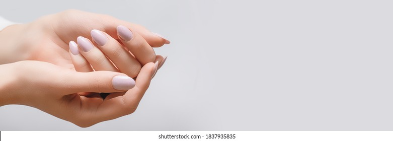 Female Hands With Rose Nail Design. Pink Glitter Nail Polish Manicure. Woman Hands On White Background. Banner
