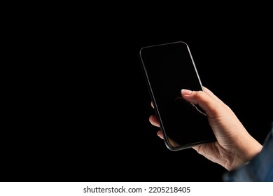 Female Hands Scrolling Phone Screen, Using Gadget For Donation Isolated On Dark Background. Concept Of Modern Technologies, Networking, Gadgets. Copy Space For Ad, Text