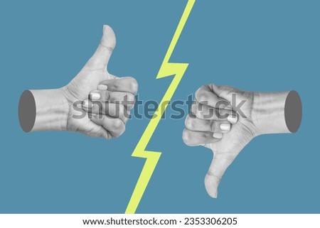 Female hands showing like and dislike gestures isolated on blue background. Positive and negative hand sign. 3d trendy collage in magazine style. Contemporary art. Modern design. Thumb up, thumbs down