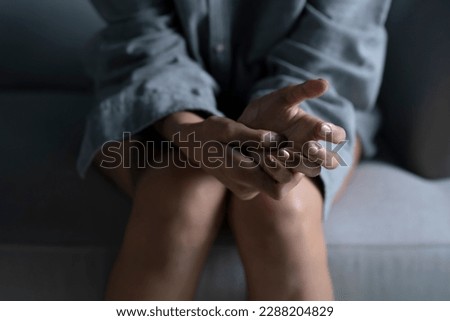Female hands showing stress, young woman feeling sad tired and worried suffering depression in mental health
