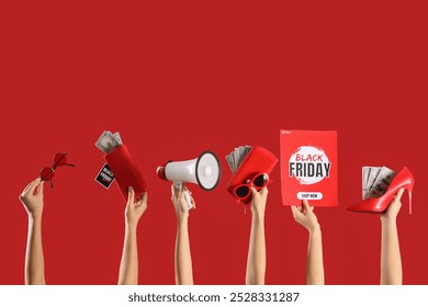 Female hands with stylish accessories, megaphone, money and text BLACK FRIDAY SALE on red background - Powered by Shutterstock