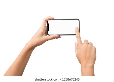 Female Hands Taking Photo On Smart Phone With Blank Touch Screen, Isolated On White Background, Mockup