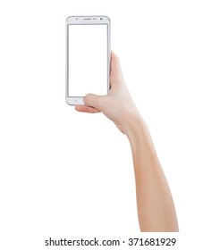 Female Hands Taking Photo With Smart Phone Of Blank White Touch Screen, Front View, Isolated On White.