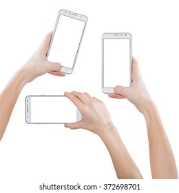 Female Hands Taking Photo With Smart Phone Of Blank White Touch Screen, Front View, Isolated On White.