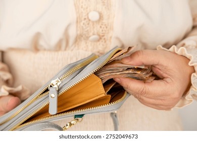 Female hands taking stack 50 euro banknotes out leather purse, early money, financial wealth prosperity, cash savings, successful shopping and consumerism, Financial independence and personal wealth