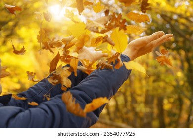 Female hands try to catch falling autumn leaves. Emotional scene. - Powered by Shutterstock