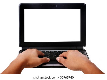 Female Hands Typing On A Keyboard Of A Mini Laptop