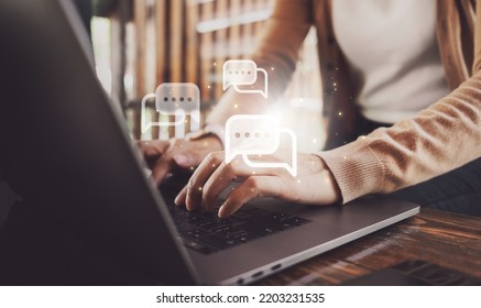 Female Hands Typing On Laptop With Chat Icon. Chatting In Facebook, Searching Working Information, Browsing.  Technology Concept