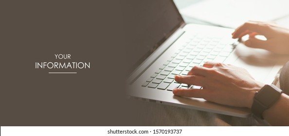 Female hands are typing text on a laptop. Distant work. Online shopping. Freelance concept. Web article template. Long header banner format. Sale coupon. Visit card. Your information. Text space.