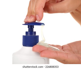 Female Hands Using Liquid Soap Isolated On White