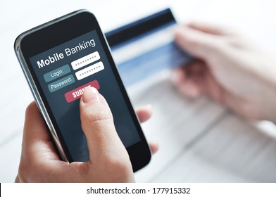 Female hands using mobile banking on smart phone - Shutterstock ID 177915332