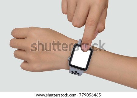 female hands using with white smart watch isolate on a white background
