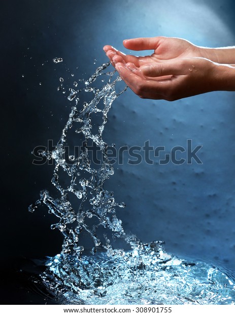 Female Hands Water Splashing On Blue Stock Photo Edit Now 308901755