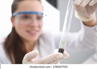 Female Hands In White Gloves Hold Test Tube With Earth And Scion Inside. Breeding And Research Of New Plant Species. Growing Seed In Laboratory. Environmental Protection Concept.