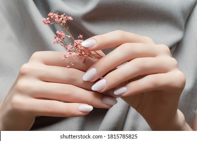 Женские руки с белым дизайном ногтей. Женские руки держат розовый осенний цветок. Женские руки на сером фоне ткани.