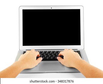 Female Hands Working On Laptop, Isolated On White