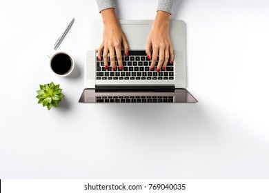 Female Hands Working On Modern Laptop.