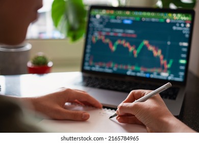 Female hands writing down numbers from laptop. Investment analysis, trading concept. Technology, digitalization, cryptocurrency, exchange market, working from home theme. World crysis, graph decline 