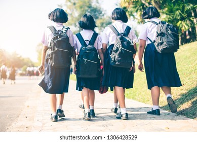 The female high school students are going back home after school in Thailand, southeast Asia.