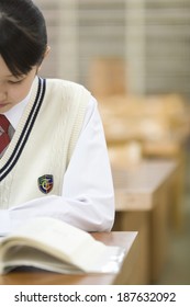 Female High Scool Student Reading Book In Library