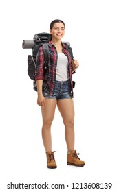 Female Hiker With Backpack Standing And Looking At The Camera Isolated On White Background