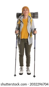 Female Hiker With Backpack And Trekking Poles On White Background