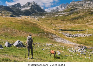 Female hiker with backpack and trekking poles walking down the valley with grazing horse. Woman tourist traveling alone enjoying scenery of mountains. Outdoor adventure, active vacations concept. - Powered by Shutterstock