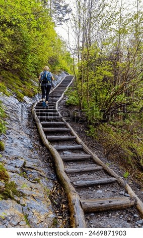 Female Hiker Climbing The Alum Cave Trail on Mt. LeConte, Great Smoky Mountains National Park, Tennessee, USA