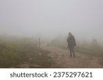 female hiker in with dense fog in the typical wide hiking area in the German Black Forest along hills and valleys, meadow landscape, forests, mountain streams and rock formations