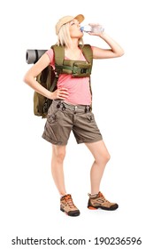 Female Hiker Drinking Water Isolated On White Background