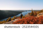 Female Hiker Epic View Acadia National Park Sunrise Beech Mountain Orange Leaves Ocean View Beautiful Wide Landscape During Fall Foliage in Maine