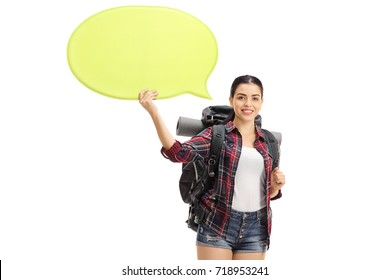 Female Hiker Holding A Speech Bubble Isolated On White Background