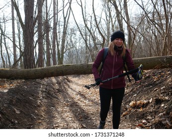 Female Hiker Laughs While She Enjoys Her Get Away In A Forest In Brno, Czech Republic During A Winter Day In 2020.