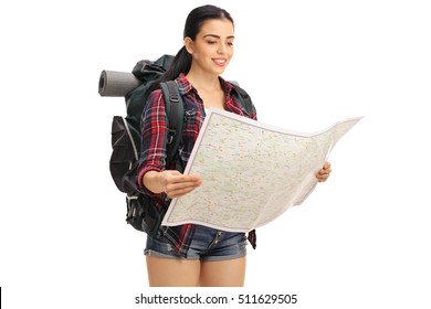 Female Hiker Looking At A Generic Map Isolated On White Background