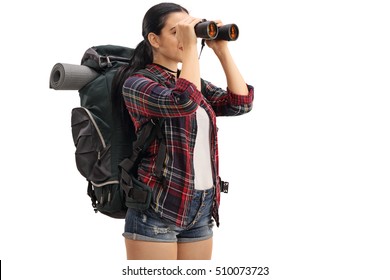 Female Hiker Looking Through Binoculars Isolated On White Background