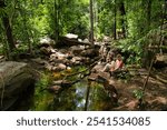 Female hiker resting and cleaning her feet in a pool in the  tropical monsoonal rainforest of Kakadu National Park, Northern Territory, Australia. Along the Kubara Pools Walk
