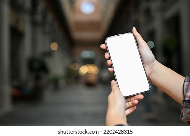 A Female Holding A Mobile Phone Over Blurred Community Mall In The Background. Smartphone White Screen Mockup In A Woman's Hands