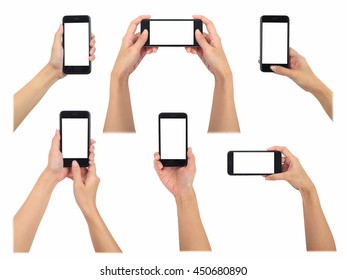 Женский держа смартфон 6 различные коллекции фотографий, использовать клиппинг путь