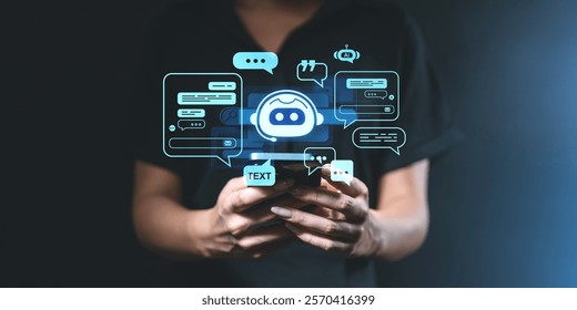 Female holding smartphone, holographic chatbot graphics, dark background, concept of AI communication and virtual assistance