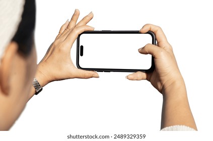 Female holding smartphone to take photo isolated on transparent background. Mobile blank screen for mockup, png file