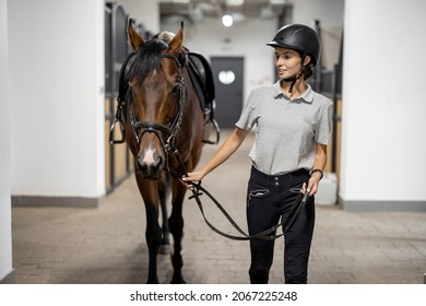Female horseman going with her brown Thoroughbred horse in stable. Concept of animal care. Rural rest and leisure. Idea of green tourism. Young european woman wearing helmet and uniform