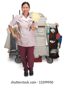 Female Hotel Maid With Housekeeping Cart Isolated On A White Background