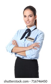 Female Hotel Receptionist In Uniform On White Background