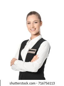 Female Hotel Receptionist In Uniform On White Background