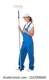 Female House Painter In Blue Coveralls With Paint Roller Tool Isolated On White Background