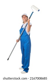 Female House Painter In Blue Coveralls With Paint Roller Tool Isolated On White Background