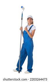 Female House Painter In Blue Coveralls With Paint Roller Tool Isolated On White Background