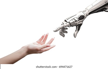 Female Human Hand And Robot's As A Symbol Of Connection Between People And Artificial Intelligence Technology Isolated On White For Design